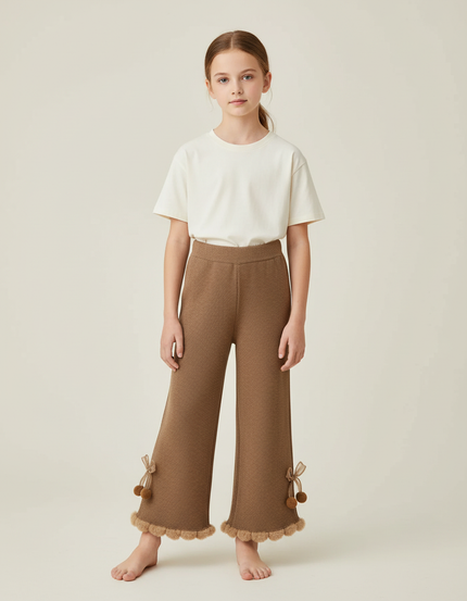 Pantalon Beige Tricoté Évasé Pompons Enfant Fille Doux - Maille