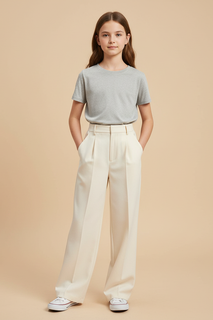 Pantalon Beige Écru Ample Plissé Décontracté Femme - Gabardine
