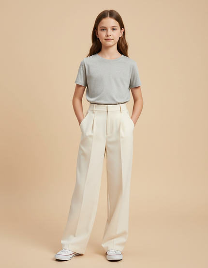 Pantalon Beige Écru Ample Plissé Décontracté Femme - Gabardine