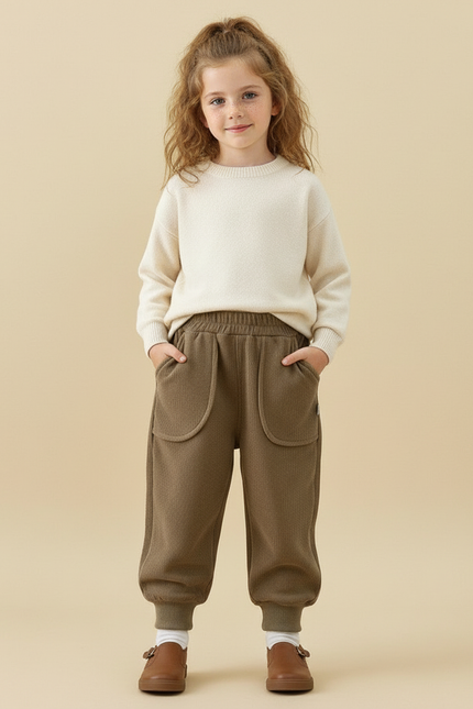 Pantalon Beige Ample Côtelé Élastique Enfant Hiver - Kaki Cordé