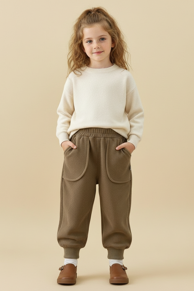 Pantalon Beige Ample Côtelé Élastique Enfant Hiver - Kaki Cordé