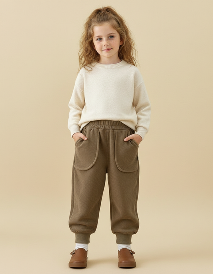 Pantalon Beige Ample Côtelé Élastique Enfant Hiver - Kaki Cordé