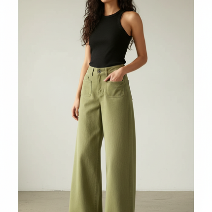Pantalon Beige Ample Taille Haute Cargo Femme - Kaki Toile