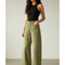 Pantalon Beige Ample Taille Haute Cargo Femme - Kaki Toile