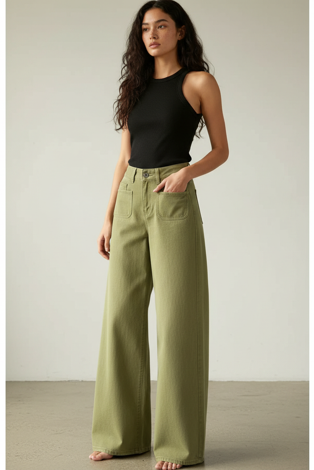 Pantalon Beige Ample Taille Haute Cargo Femme - Kaki Toile