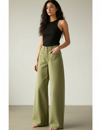 Pantalon Beige Ample Taille Haute Cargo Femme - Kaki Toile