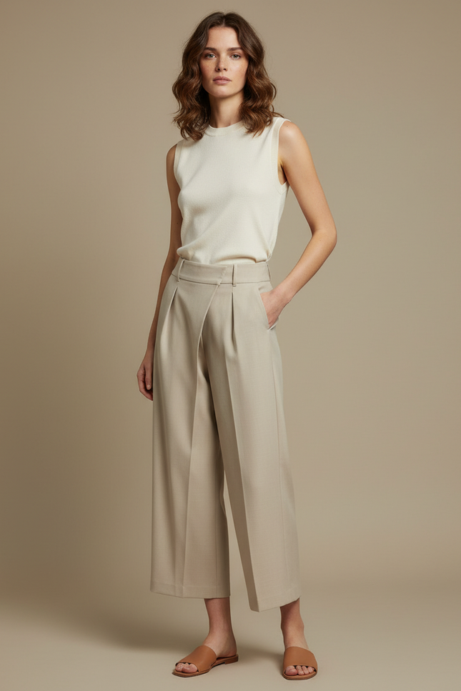 Pantalon Beige Large Plissé Élégant Décontracté Femme - Gabardine