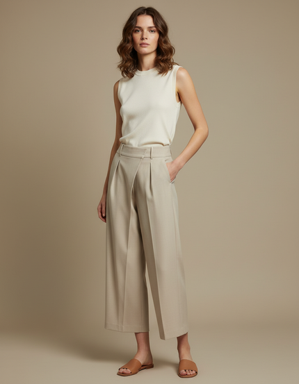 Pantalon Beige Large Plissé Élégant Décontracté Femme - Gabardine