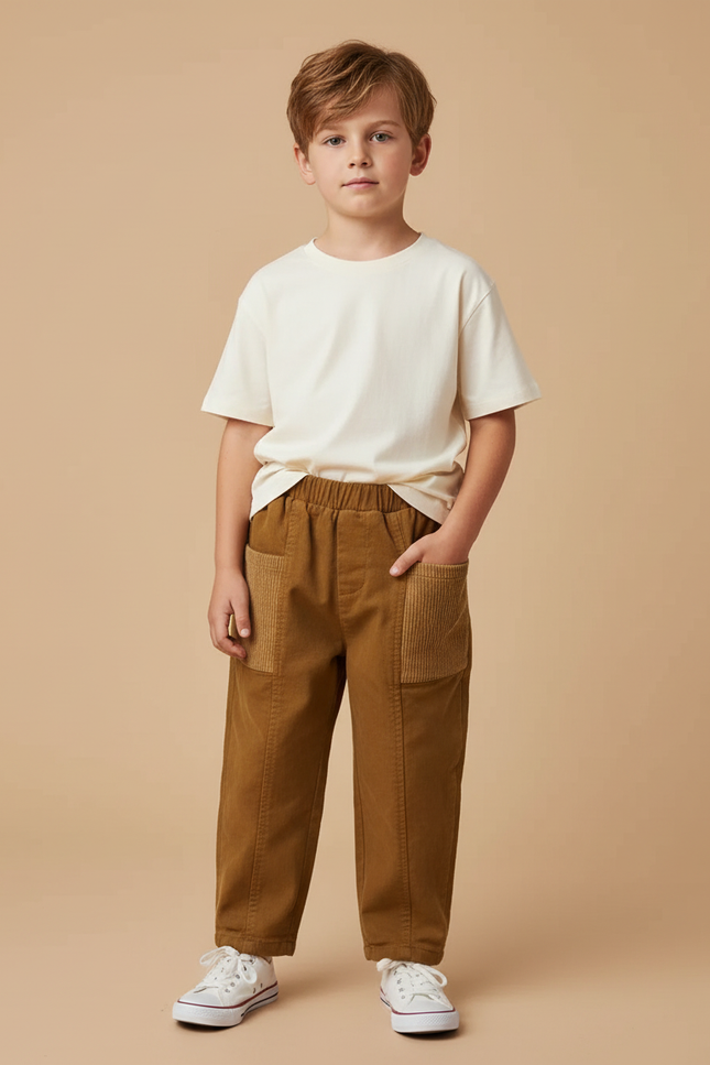 Pantalon Beige Velours Côtelé Décontracté Garçon - Marron Cordé