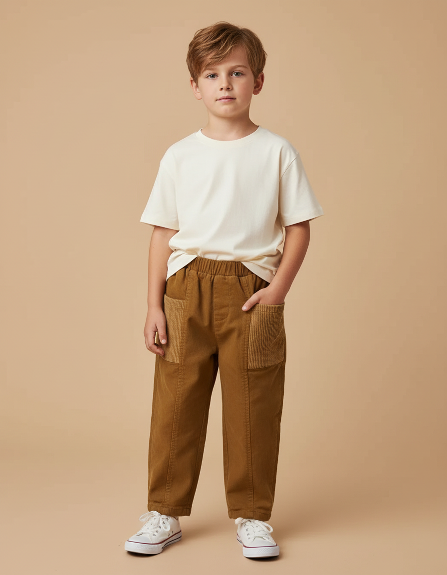 Pantalon Beige Velours Côtelé Décontracté Garçon - Marron Cordé