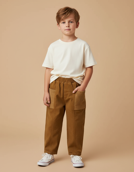 Pantalon Beige Velours Côtelé Décontracté Garçon - Marron Cordé