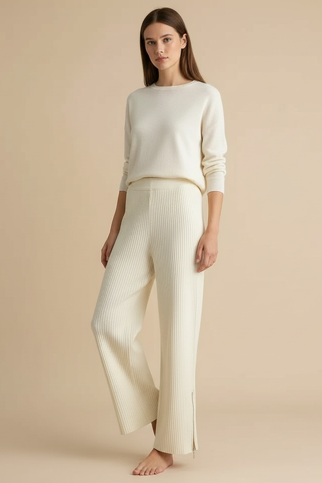 Pantalon Beige Tricoté Côtelé Ample Décontracté Élégant - Maille