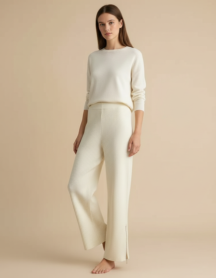 Pantalon Beige Tricoté Côtelé Ample Décontracté Élégant - Maille