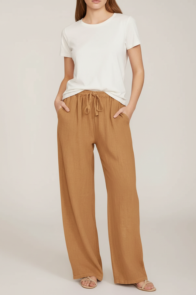 Pantalon Beige Lin Ample Décontracté Fluide Élastique