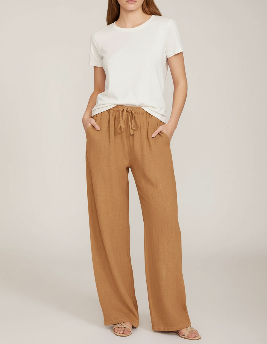 Pantalon Beige Lin Ample Décontracté Fluide Élastique