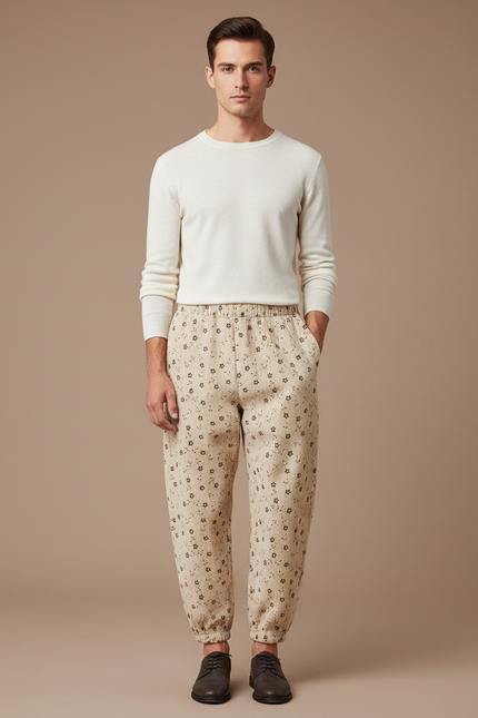 Pantalon Beige Côtelé Ample Imprimé Floral Homme - Cordé