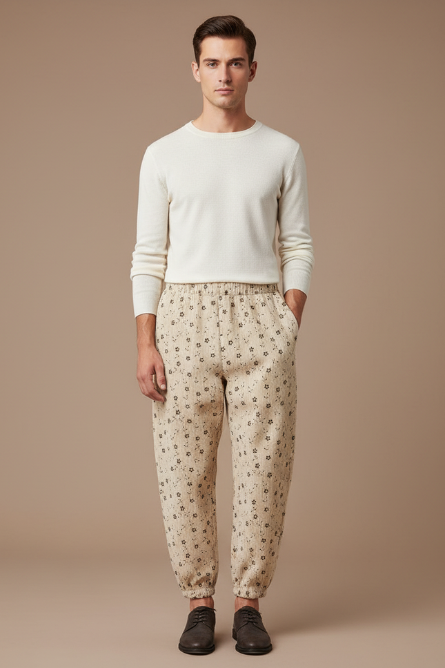 Pantalon Beige Côtelé Ample Imprimé Floral Homme - Cordé