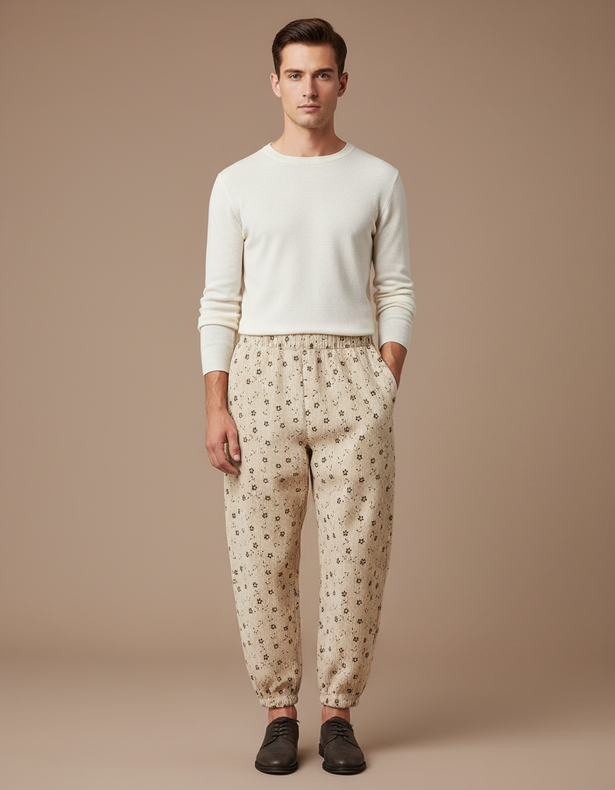 Pantalon Beige Côtelé Ample Imprimé Floral Homme - Cordé