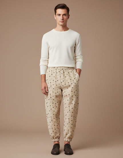 Pantalon Beige Côtelé Ample Imprimé Floral Homme - Cordé