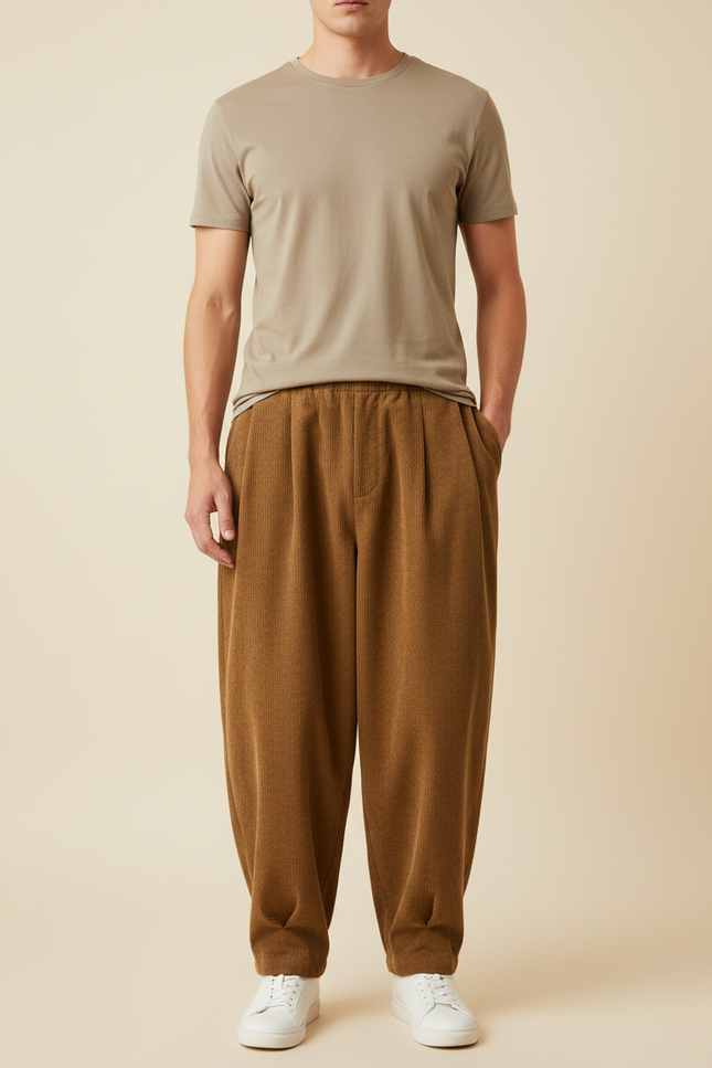 Pantalon Beige Côtelé Plissé Ample Décontracté Homme - Marron Cordé