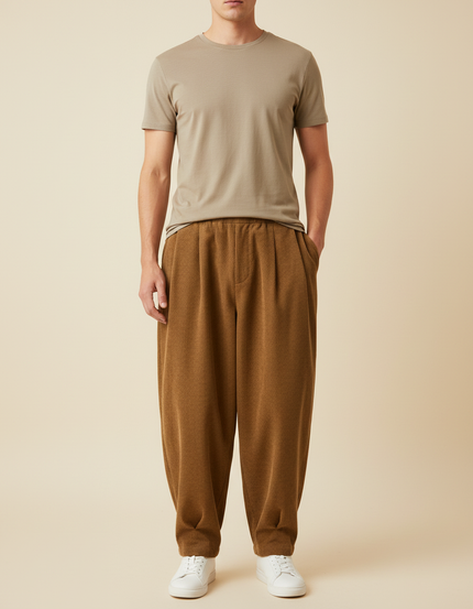 Pantalon Beige Côtelé Plissé Ample Décontracté Homme - Marron Cordé