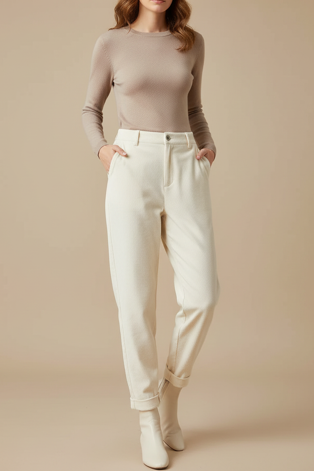 Pantalon Carotte Femme Beige - Cordé