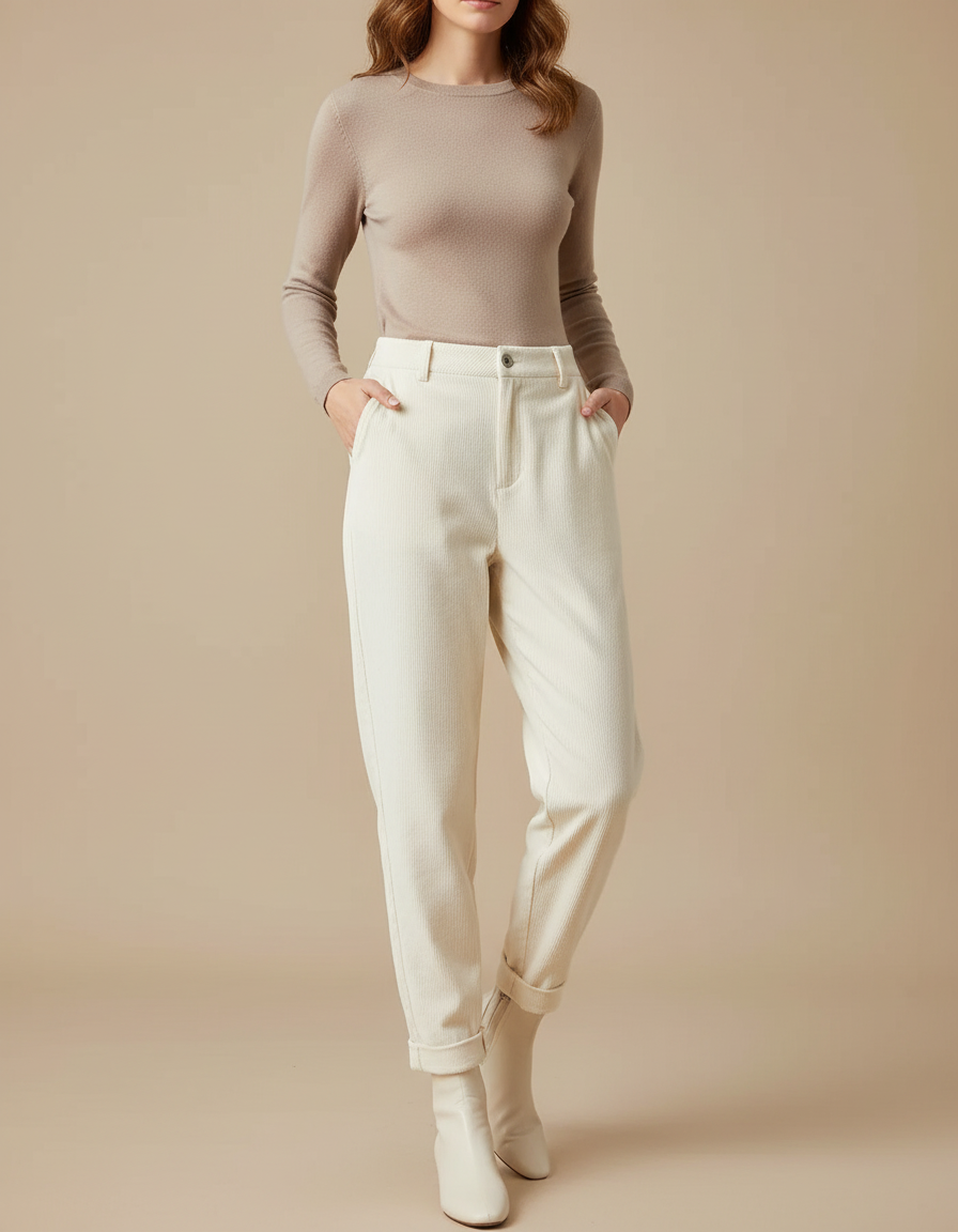 Pantalon Carotte Femme Beige - Cordé