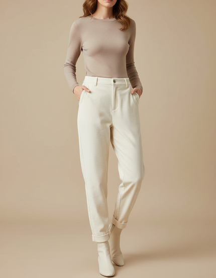 Pantalon Carotte Femme Beige - Cordé
