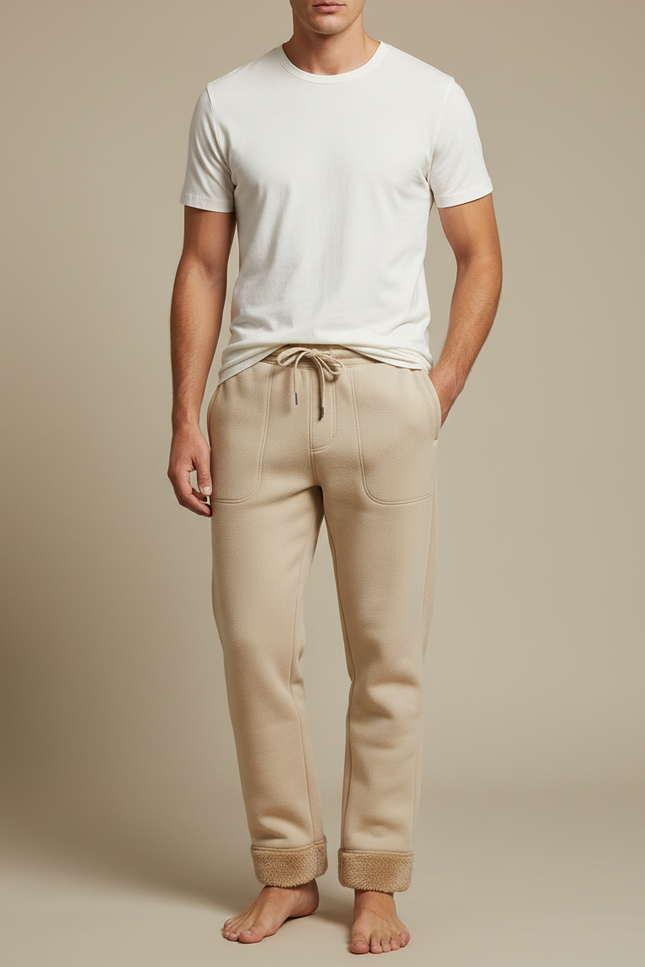 Pantalon Beige Molletonné Doublé Polaire Ample Décontracté