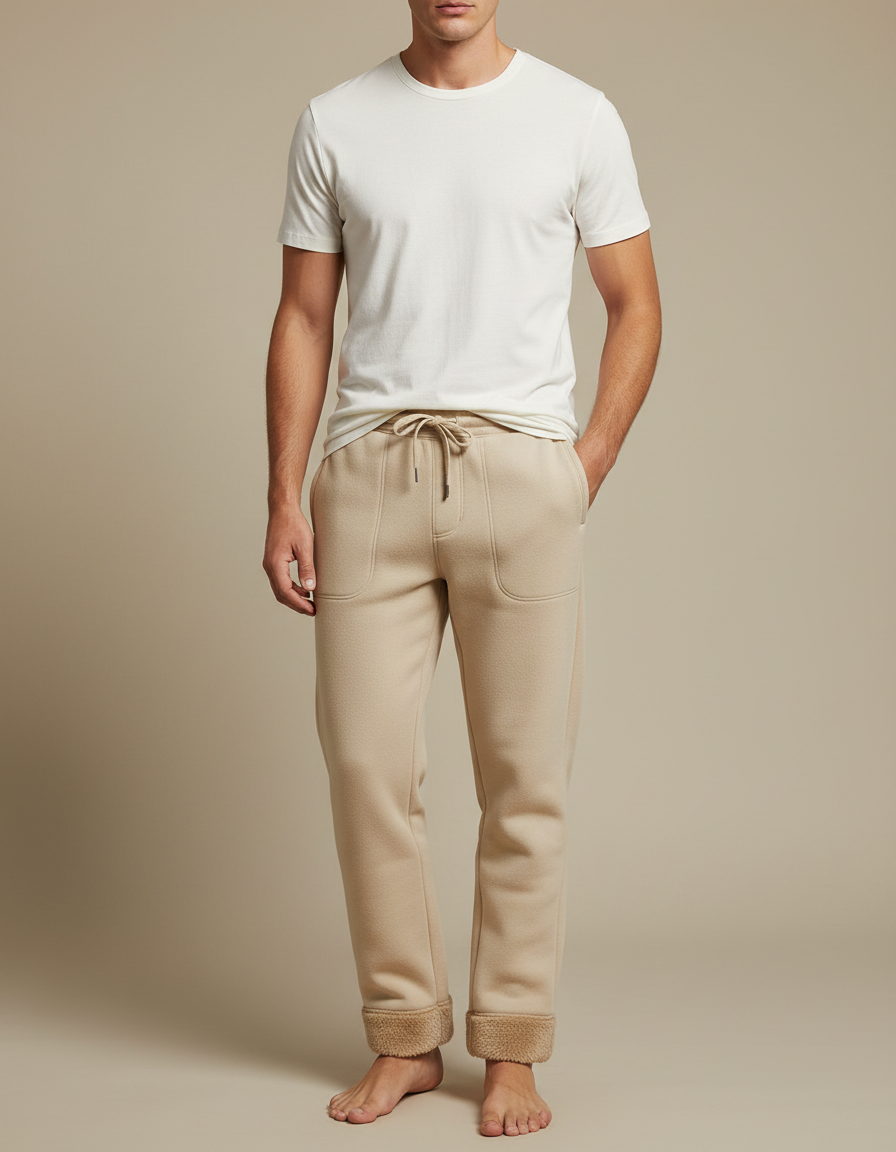 Pantalon Beige Molletonné Doublé Polaire Ample Décontracté
