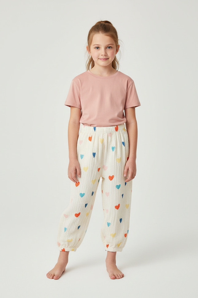 Pantalon Beige Cœurs Colorés Ample Léger Enfant - Coton