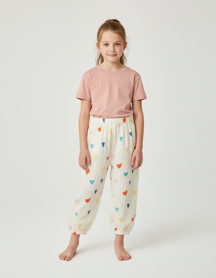 Pantalon Beige Cœurs Colorés Ample Léger Enfant - Coton