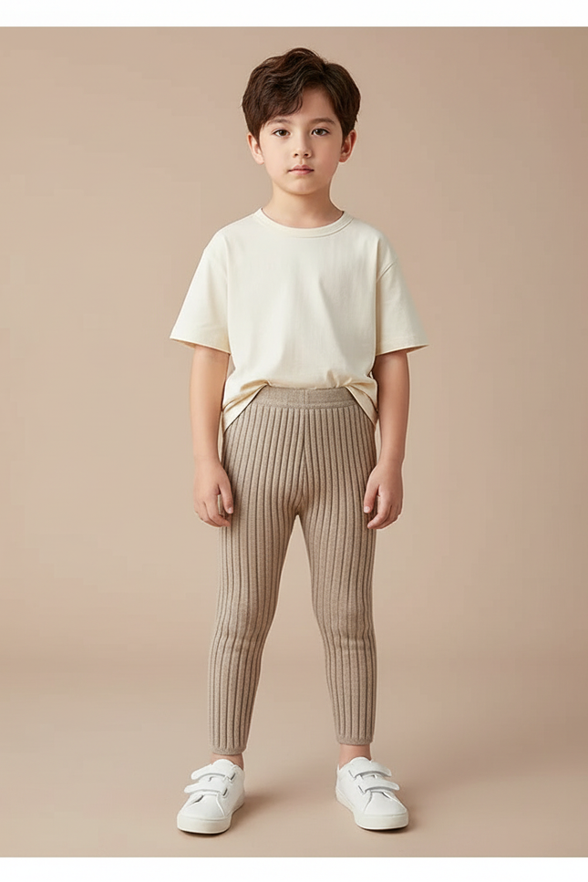 Pantalon Beige Côtelé Tricoté Élastique Confortable Garçon - Maille