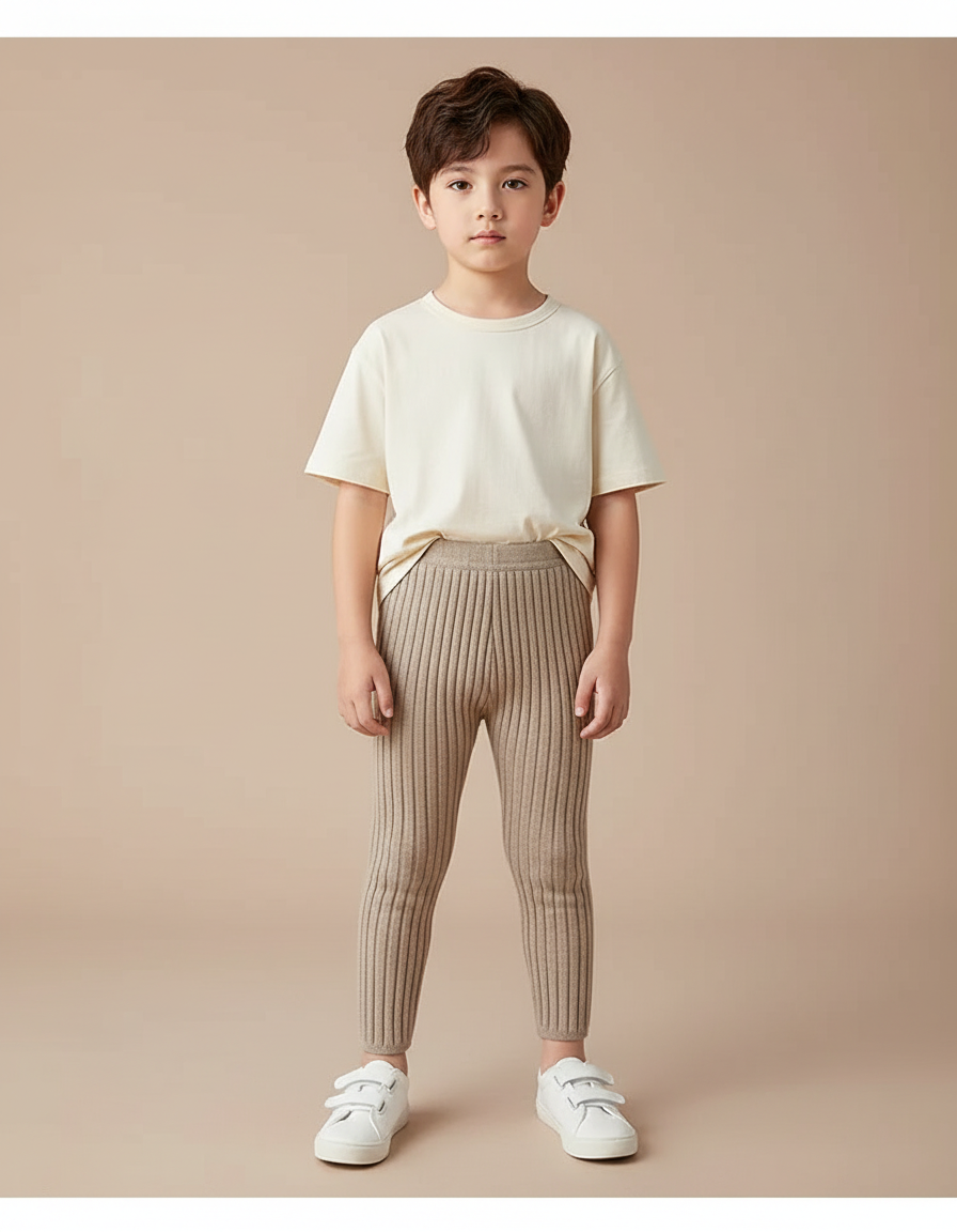 Pantalon Beige Côtelé Tricoté Élastique Confortable Garçon - Maille