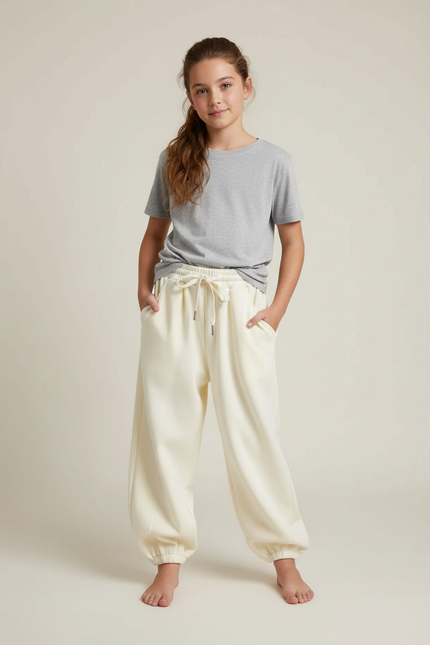Pantalon Beige Ample Cordon Élastique Confortable Fille - Molleton