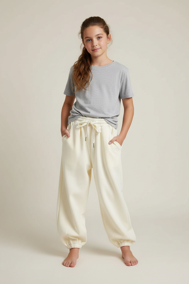 Pantalon Beige Ample Cordon Élastique Confortable Fille - Molleton