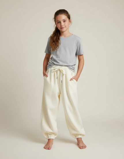 Pantalon Beige Ample Cordon Élastique Confortable Fille - Molleton