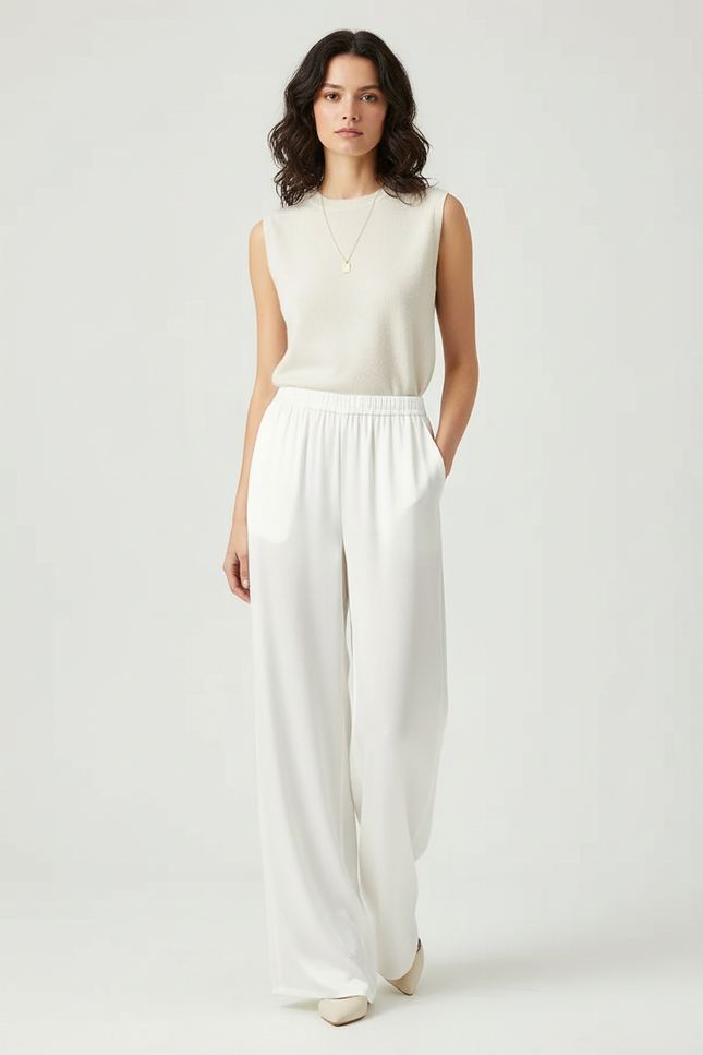 Pantalon Beige Satiné Ample Fluide Élégant - Blanc