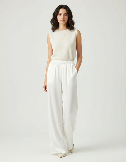 Pantalon Beige Satiné Ample Fluide Élégant - Blanc