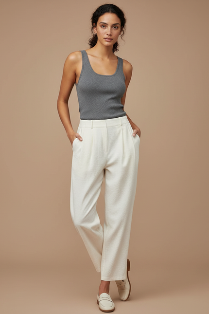 Pantalon Beige Crème Ample Plissé Décontracté Femme - Coton