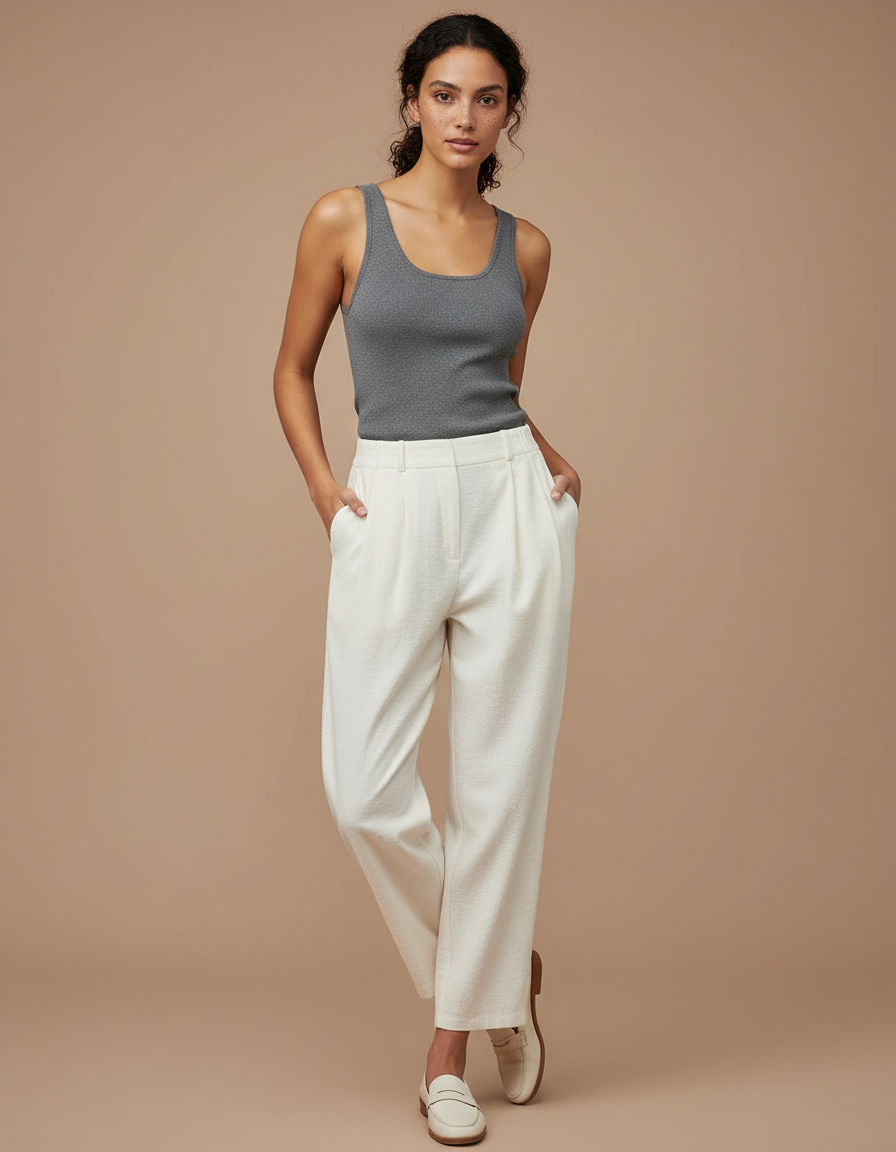 Pantalon Beige Crème Ample Plissé Décontracté Femme - Coton