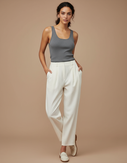 Pantalon Beige Crème Ample Plissé Décontracté Femme - Coton