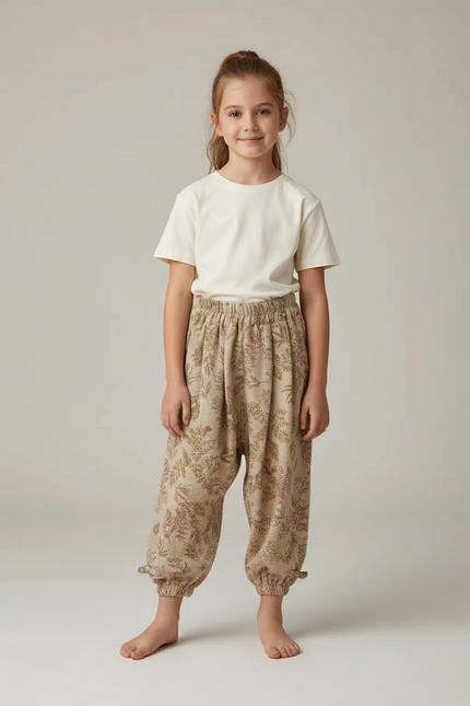 Pantalon Beige Fleuri Ample Lin Coton Enfants - Imprimé