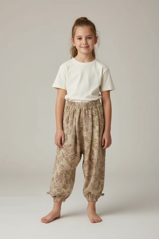 Pantalon Beige Fleuri Ample Lin Coton Enfants - Imprimé