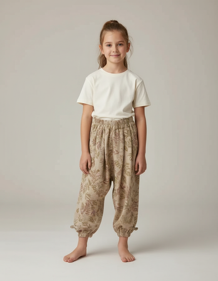 Pantalon Beige Fleuri Ample Lin Coton Enfants - Imprimé