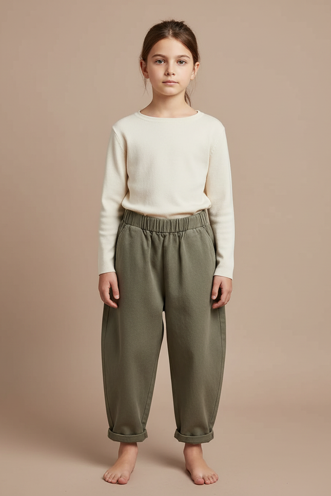 Pantalon Beige Ample Coton Confortable Décontracté Enfant - Kaki Molleton