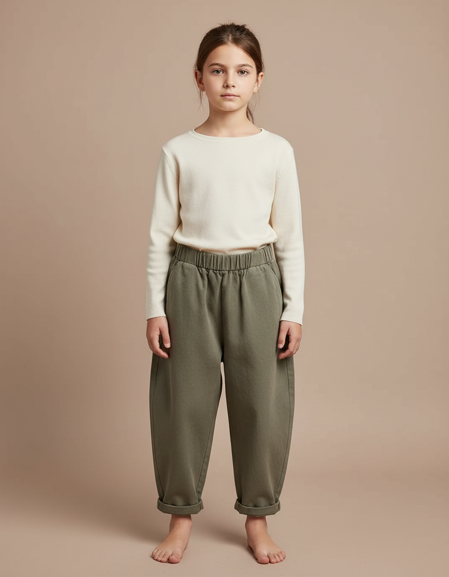 Pantalon Beige Ample Coton Confortable Décontracté Enfant - Kaki Molleton