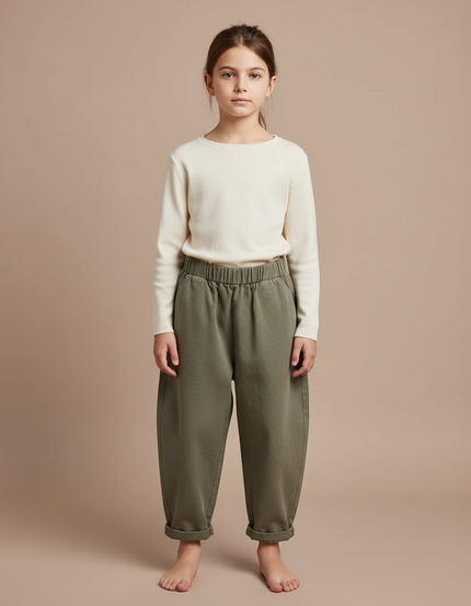 Pantalon Beige Ample Coton Confortable Décontracté Enfant - Kaki Molleton