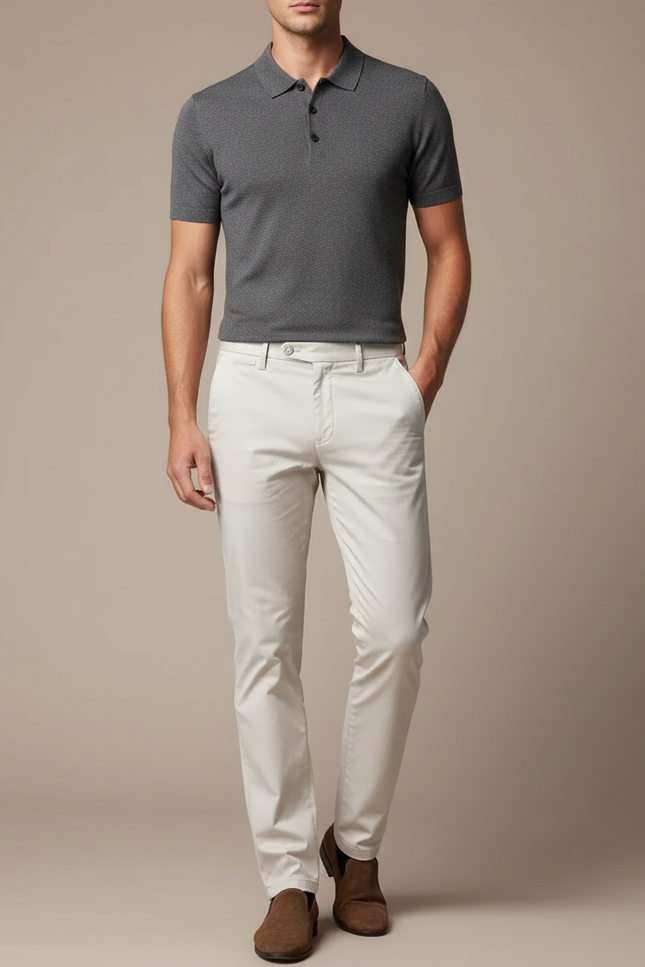Pantalon Beige Coton Coupe Droite Élégant Homme - Gabardine