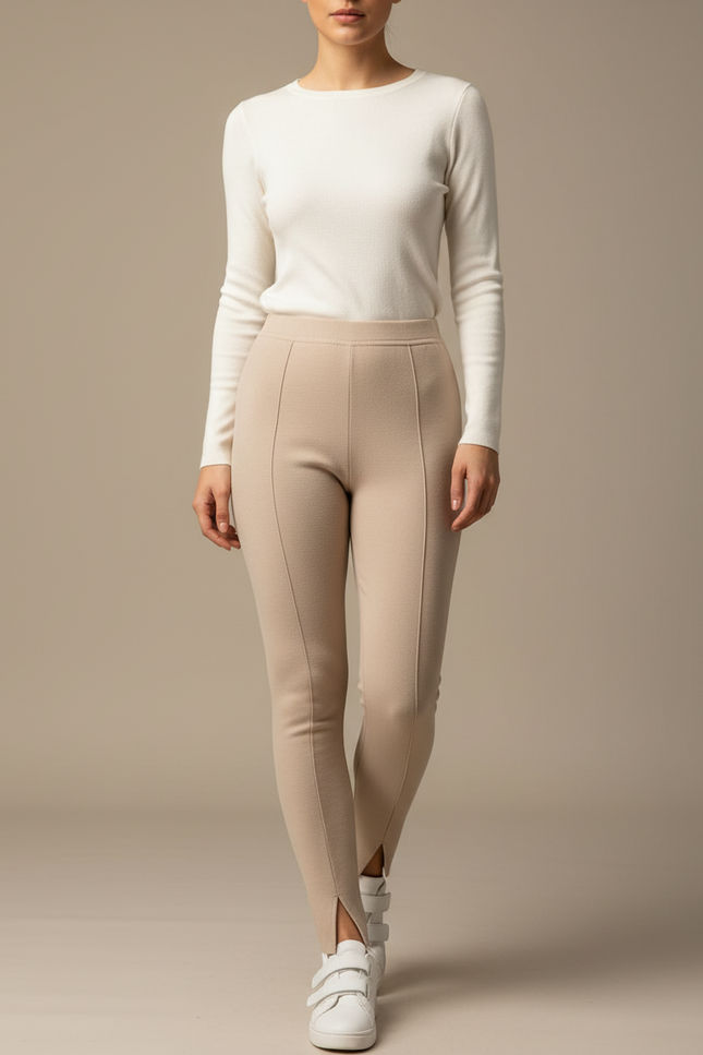 Pantalon Beige Slim Taille Haute Fendu - Maille